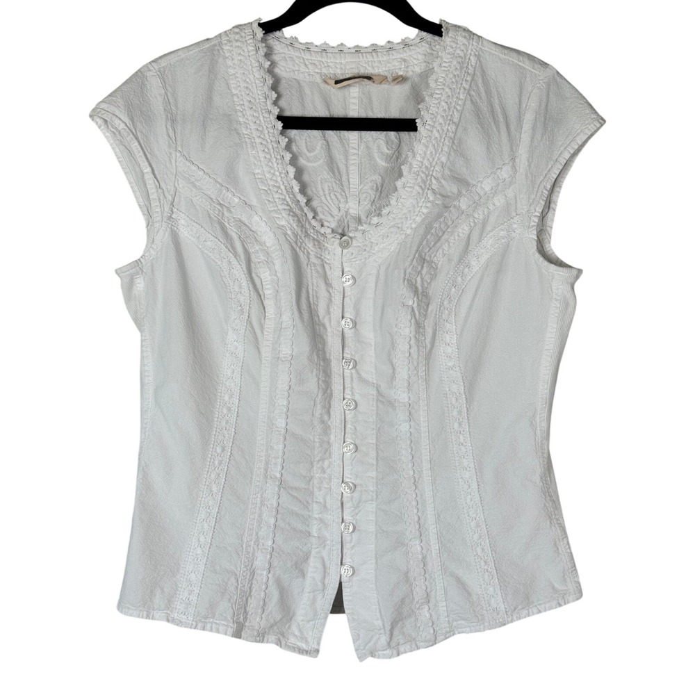 White Lace Embroidered Boho Blouse Cottagecore Button Front Top Size S
